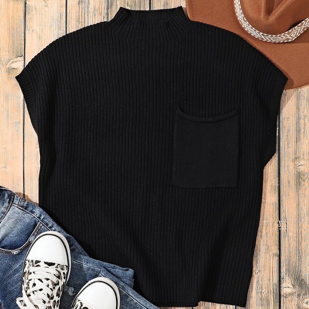 B306 Black Patch Pocket Ribbed Knit Short Sleeve Sweater - Picture 4 of 5